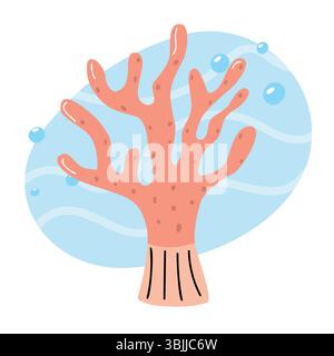 Una vibrante struttura della barriera corallina in un ambiente oceanico blu. Il corallo è rosa con rami e bolle distinti che lo circondano, che rappresentano il mare Illustrazione Vettoriale