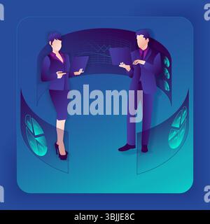 Ricerca di informazioni provenienti da report e sondaggi per identificare problemi o opportunità. Morfismo del vetro. Illustrazione vettoriale. Illustrazione Vettoriale