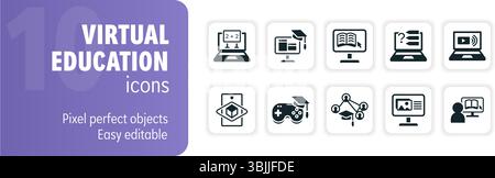 Set di icone didattiche virtuali con corsi online, esercitazioni video, apprendimento a distanza e gamification Illustrazione Vettoriale