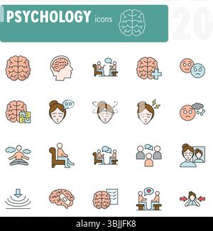 Icone di psicologia, psicoterapia e consulenza che mostrano concetti di salute mentale Illustrazione Vettoriale