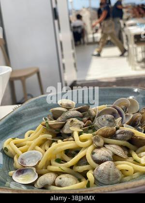 Appetitosa pasta di pesce con vongole fresche, elegantemente placcate in ceramica, che mette in risalto l'arte culinaria italiana costiera del ristorante Cattolica Foto Stock
