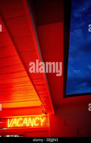 Luminoso segnale di posto vacante rosso neon sotto il cielo minaccioso verticale Foto Stock