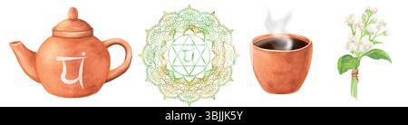 Un pacchetto di clipart acquerello sul tema del chakra Balance Heart. Teiera in terracotta, una tazza con tè caldo, bouquet di gelsomino, un Anahata ch verde dorato Foto Stock
