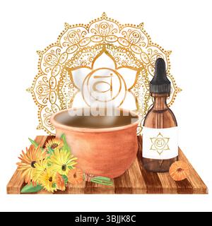 Fiala in vetro acquerello con olio essenziale. pentola di argilla con infuso di erbe e bouquet di calendula con fiori e foglie. Chakra SVA sacrale di colore arancio dorato Foto Stock