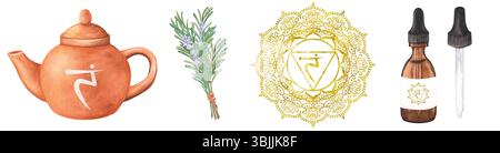 Un fascio di clipart acquerello sul tema del plesso solare di bilanciamento chakra. Teiera in terracotta, fiala di vetro di olio essenziale, rosmarino, giallo dorato Foto Stock