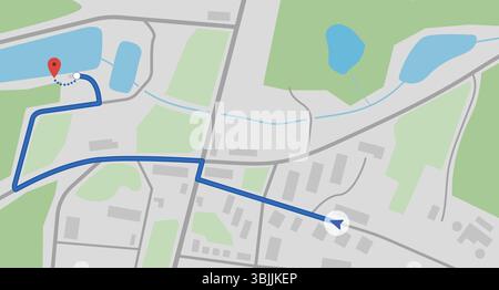 Mappa della città con freccia e spillo del percorso Illustrazione Vettoriale