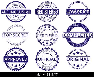 Set vettoriale di francobolli viola in stile grunge con parole chiave comuni per l'ufficio e per scopi di marketing. Perfetto per progetti digitali e di stampa. Set di timbri vettoriali. Icona etichetta grunge. Timbro del documento dell'ufficio. Set di timbri in gomma viola Grunge con etichette di testo Illustrazione Vettoriale