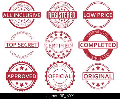 Collezione di badge in gomma rossi con diverse etichette, come approvato, certificato, originale e altro ancora. Adatto per documenti ufficiali, marketing e branding. Vettore del timbro grunge. Francobollo blu. Set di timbri in gomma. Icona approvato rifiutato. Collezione di francobolli aziendali. Illustrazione Vettoriale