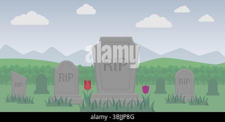 Paesaggio vettoriale di un cimitero tranquillo con numerose lapidi contrassegnate Rip, circondato da erba, fiori e sfondo naturale. Illustrazione vettoriale del paesaggio commemorativo. Sereno vettore cimiteriale con lapidi, tulipani e paesaggio naturale. Un'illustrazione simbolica per funerali, morte e esigenze di progettazione commemorativa. Illustrazione Vettoriale
