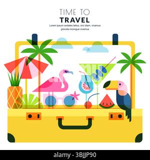 Concetto di vacanza estiva. Illustrazione vettoriale di un paesaggio tropicale con palme, fenicottero, toucan, cocktail, ombrellone in valigia aperta. Ho Illustrazione Vettoriale