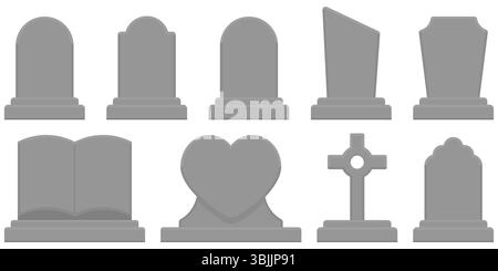 Collezione di icone di lapidi in stile realistico e piatto. Include forme a forma di cuore, croce e lapide tradizionali per immagini spettrali o ricordi. Confezione vettoriale in pietra tombale di colore grigio in un moderno design semi-realistico. Adatto per Halloween, morte, o illustrazioni correlate al funerale. Illustrazione Vettoriale