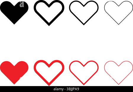 Una serie vettoriale di icone del cuore in vari stili, tra cui forme piene e contornate in nero e rosso. Ideale per l'interfaccia utente e gli elementi dei social media. Illustrazione Vettoriale