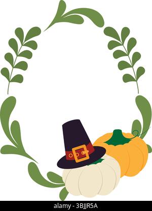 Zucca arancione e bianca disegnata a mano con cappello da Pellegrino e spazio copia bordo ovale dei Twigs astratti. Illustrazione vettoriale isolata per il giorno del Ringraziamento o per le feste autunnali carte a tema invito o banner, opuscolo Illustrazione Vettoriale