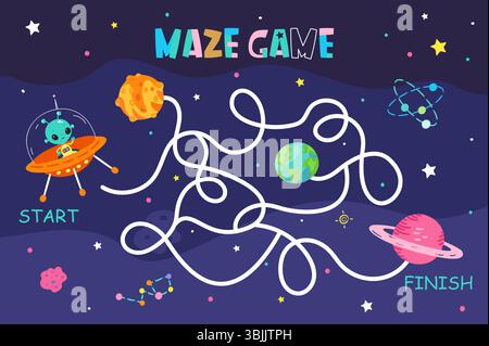 Gioco del labirinto alieno. Aiuta la persona ufo nella navicella spaziale a trovare la strada giusta per il pianeta natale. Bambini in età prescolare gioco di sviluppo educativo, ora spazio vettoriale Illustrazione Vettoriale