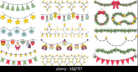 Pianeggianti ghirlande natalizie. Decorazioni natalizie con giocattoli, rami di abeti e luci. Design natalizio, vettore neoterico cartoni animati natalizi Illustrazione Vettoriale