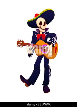 Il giorno dei morti, personaggio natalizio dello scheletro mariachi, personaggio cartoni animati messicani di dia de los charro che suona un chitarro, celebrando la festa tradizionale con spirito vivace e musica di eventi culturali Illustrazione Vettoriale