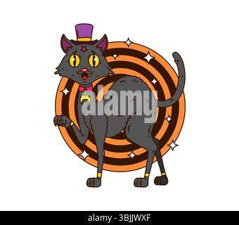 Personaggio cartoni animati nero di Halloween in cappello da strega per le vacanze, simbolo vettoriale. Divertente gatto nero con un sorriso felice sul viso per le vacanze di Halloween e un personaggio dei cartoni animati rétro Illustrazione Vettoriale