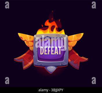 Sconfiggere l'icona del riquadro di gioco, risorsa dell'interfaccia utente. Badge finale Arcade fantasy gui vettore cartoni animati. Etichetta di fine livello, schermata a comparsa. L'insegna "Loss Battle" presenta fiamme, schermo quadrato, ali dorate e robusti nastri rossi Illustrazione Vettoriale