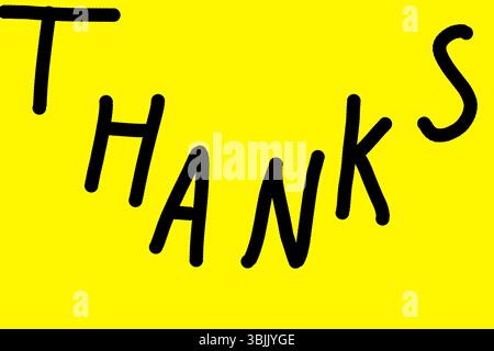 Design del modello di ringraziamento calligrafico creativo. Conceptual Grazie tipografia. Illustrazione modificabile. Sfondo giallo. Foto Stock