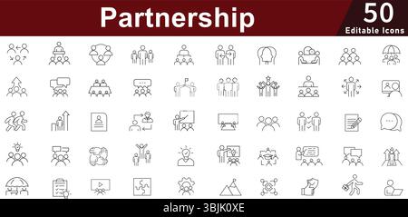 Set di icone di partnership Business - 50 icone di alleanza strategica modificabili per Joint Ventures, Collaboration and Corporate Relations Vector Collection Illustrazione Vettoriale