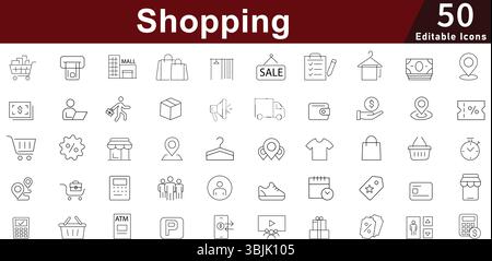 Icone dei vettori di shopping moderno e di e-Commerce con consegna, vendita ed elementi di vendita al dettaglio. 50 icone di stile di contorno modificabili Illustrazione Vettoriale