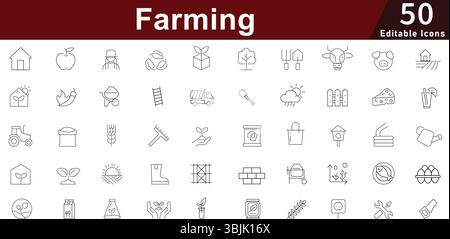 Set di icone Agricoltura - 50 icone delle linee modificabili per la raccolta di prodotti agricoli, attrezzature agricole, colture e bestiame Illustrazione Vettoriale