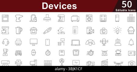 Set di icone dei dispositivi elettronici - 50 icone di gadget per Smart Home, applicazioni mobili e pacchetto vettoriale per apparecchiature digitali Illustrazione Vettoriale