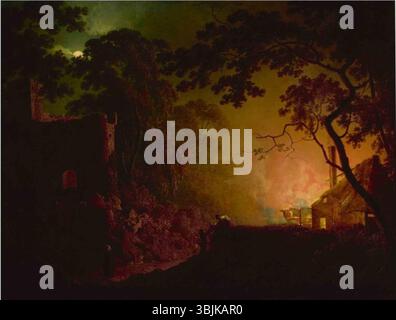 Il drammatico dipinto ad olio di Joseph Wright of Derby raffigura un cottage in fiamme di notte, catturando l'intensa luce e le ombre. Il pezzo sottolinea la padronanza di Wright nel chiaroscuro e nella narrazione emotiva. Foto Stock