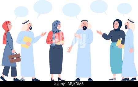 Comunicazione tra uomini e donne arabi. Colleghi in ufficio, gruppi di mercato o amici che parlano. Discussione sociale, donne e uomini in abiti tradizionali sauditi Illustrazione Vettoriale