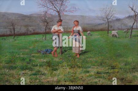 *Idillio campestre* di Pasquale Celommi (1851-1928) è un dipinto ad olio su tela, raffigurante un tranquillo paesaggio rurale, catturando la serenità e la bellezza della natura. L'opera riflette l'attenzione dell'artista per i dettagli e l'uso della luce nella pittura del paesaggio. Foto Stock