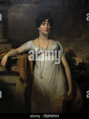 Il "Retrato de una dama" di John Hoppner, dipinto nel 1800, è un ritratto ad olio che rappresenta una donna alla moda della fine del XVIII secolo, mettendo in evidenza l'abilità di Hoppner nel catturare eleganza e grazia. Foto Stock