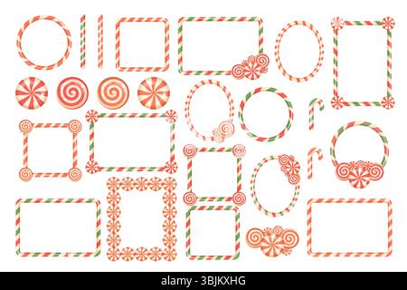 Una collezione festiva di cornici rettangolari e circolari di canna da zucchero decorate con dolci e lecca lecca. Perfetto per i design e i layout natalizi. Illustrazione Vettoriale