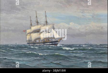 Il dipinto di Vilhelm Arnesen, "The Frigate Jylland at Sea", creato tra il 1883 e il 1948, mostra la fregata danese a vapore Jylland, un amato soggetto per i pittori marini danesi, raffigurato in un ambiente marittimo. Foto Stock