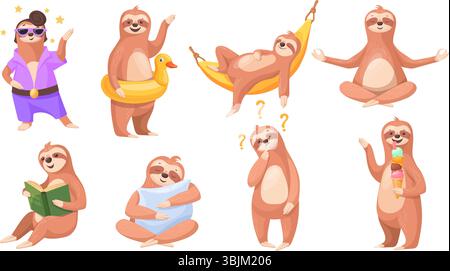 Caratteri pigri. Cartoni animati divertenti e simpatiche pose mascotte, rilassati dormi sull'amaca albero della giungla tropicale sonnolento bambino con il personaggio di elvis presley, illustrazioni vettoriali precise, opere d'arte originali Illustrazione Vettoriale