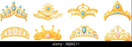 Tiara dei cartoni animati. Diadema in oro Principessa con diamante, corona d'oro regina, tiaras, gioielli femminili, accessorio per nozze, gioiello corona reale reale reale, diademi, illustrazioni vettoriali ordinate, opere d'arte originali Illustrazione Vettoriale