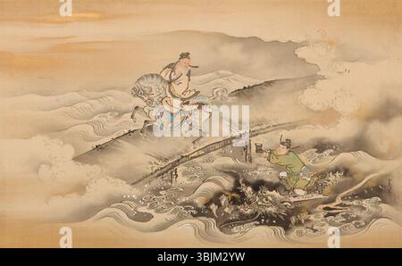 "Huang Shigong a cavallo e Zhang Liang a drago" di Kano Tsunenobu, dipinto intorno al 1683, illustra una scena leggendaria della storia cinese in cui due figure storiche appaiono in un ambiente epico e mitico. Le figure sono raffigurate con colori vivaci e dettagli intricati, riflettendo l'eroismo e il simbolismo cinesi. Foto Stock
