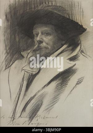 Il disegno a carbone di John Singer Sargent del 1910, "Sir William Blake Richmond", ritrae l'artista e l'accademico britannico in modo dettagliato e realistico. Il disegno cattura le caratteristiche distintive di Richmond, mostrando l'abilità di Sargent nella ritrattistica attraverso linee sottili e ombreggiature. Foto Stock