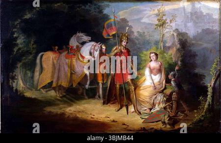 "Scena da "Fairie Queene" di Spenser: Una and the Dwarf" di Samuel Finley Breese Morse raffigura la famosa scena allegorica del poema epico di Edmund Spenser. Il dipinto illustra l'incontro tra una e il Nano, evidenziando temi di virtù e moralità. Foto Stock