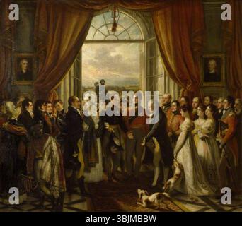 Phillips, Thomas; The Allied Sovereigns at Petworth, 24 giugno 1814 (George, 1751-1837, III conte di Egremont, con i suoi figli che guardano, è presentato da Giorgio, principe reggente, allo zar Alessandro i di Russia nella Marble Hall di Petworth con il re di Prussia, Federico Guglielmo III); National Trust, Petworth House; http://www.artuk.org/artworks/the-allied-sovereigns-at-petworth-24-june-1814-george-17511837-3rd-earl-of-egremont-with-his-children-looking-on-is-presented-by-george-prince-regent-to-tsar-alexander-i-of-russia-in-the-marble-hall-at-petworth-with-the-king-of-prussia-frederick-will Foto Stock