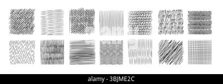 Campitura disegnata a mano. Semplici linee artistiche a matita, tratteggio a strisce, circolari, celle, angolazioni diverse, penne nere. Forme quadrate con ornamenti, Illustrazione Vettoriale