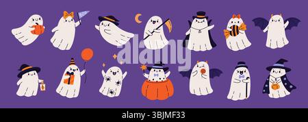 Carini personaggi fantasma. Personaggi divertenti di halloween, fantasmi bianchi sorridenti, pose diverse, azioni, mascotte felice, mostri spaventosi, zucca e.. Illustrazione Vettoriale