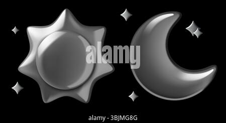 Adesivi cromati 3d Sun e crescent Moon con stelle su sfondo nero Illustrazione Vettoriale