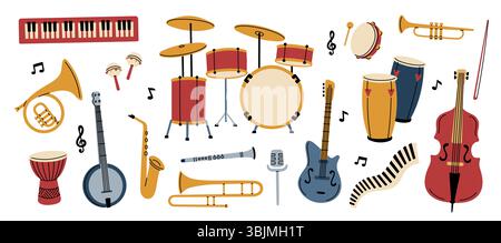 Strumenti musicali a cartoni animati. Strumenti elettrici e acustici, batteria, chitarre, vento, archi e percussioni, elementi di creazione della melodia. Classico e jazz Illustrazione Vettoriale