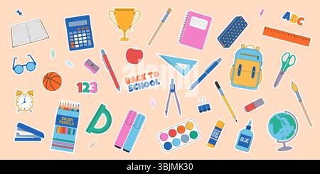 Torna a scuola. Set di adesivi per le forniture scolastiche. Illustrazione vettoriale. Illustrazione Vettoriale