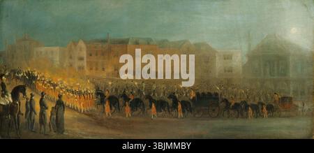 Il dipinto di Richard Barrett Davis del 1818 raffigura la processione funebre della regina Carlotta, moglie di re Giorgio III. L'olio su tela cattura l'occasione cupa con figure solenni e luci drammatiche. Foto Stock