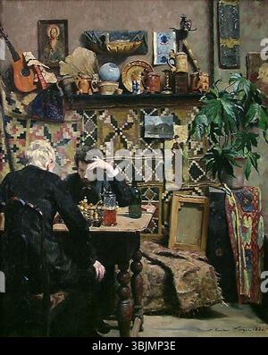 1886 dipinto a olio su tela di Gustav Wentzel intitolato "giocatori di scacchi", che mostra due uomini impegnati in una partita di scacchi al chiuso. Foto Stock