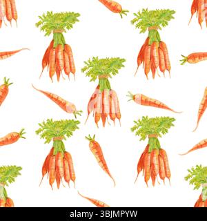 Carote. Carote arancioni fresche con motivo ad acquerello senza cuciture su sfondo bianco. Illustrazione botanica del cibo disegnato a mano. Disegnato a mano per cucina textil Foto Stock