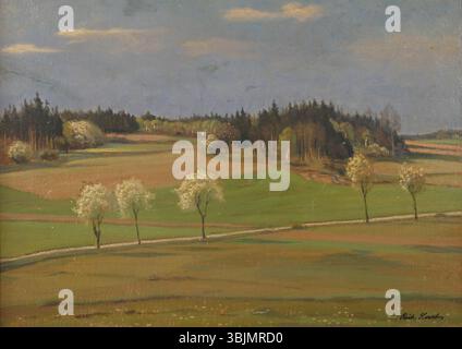 Richard Sachs' *Vogtländische Frühlingslandschaft* (paesaggio primaverile del Vogtland), dipinto intorno al 1930, è un olio su tela o cartone che raffigura una scena primaverile nella regione del Vogtland. Il dipinto cattura la vivacità della natura mentre si trasforma in primavera con una vegetazione lussureggiante e una flora fiorente. Foto Stock