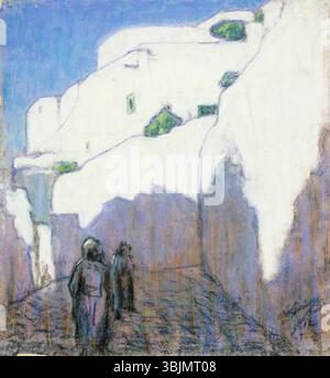 "Tuneesia maastik" (paesaggio tunisino) di Ants Laikmaa è un dipinto pastello su carta del 1912. L'opera cattura il vivido paesaggio della Tunisia, mostrando il suo terreno desertico unico e i colori vivaci tipici dei paesaggi nordafricani. Foto Stock