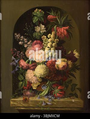 Il dipinto ad olio di Anton Hartinger "Blumenstillleben mit Insekten" (vita morta con insetti), datato prima del 1890, presenta una dettagliata rappresentazione di fiori con insetti. Il lavoro mette in evidenza l'esperienza di Hartinger nella precisione botanica e la sua capacità di rappresentare la natura con i minimi dettagli. Foto Stock
